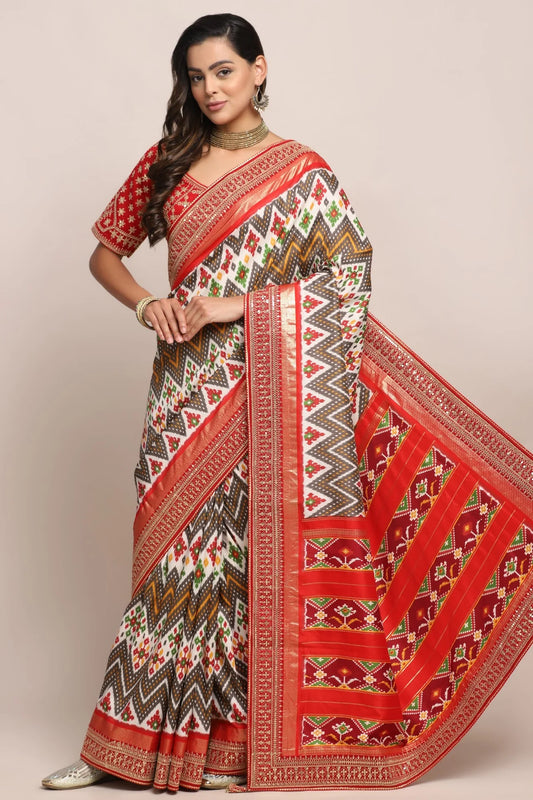 Beautiful red color printed and embroidered saree