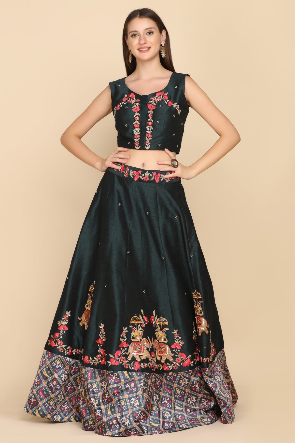 Elegant green color elephant motif embroidered lehanga