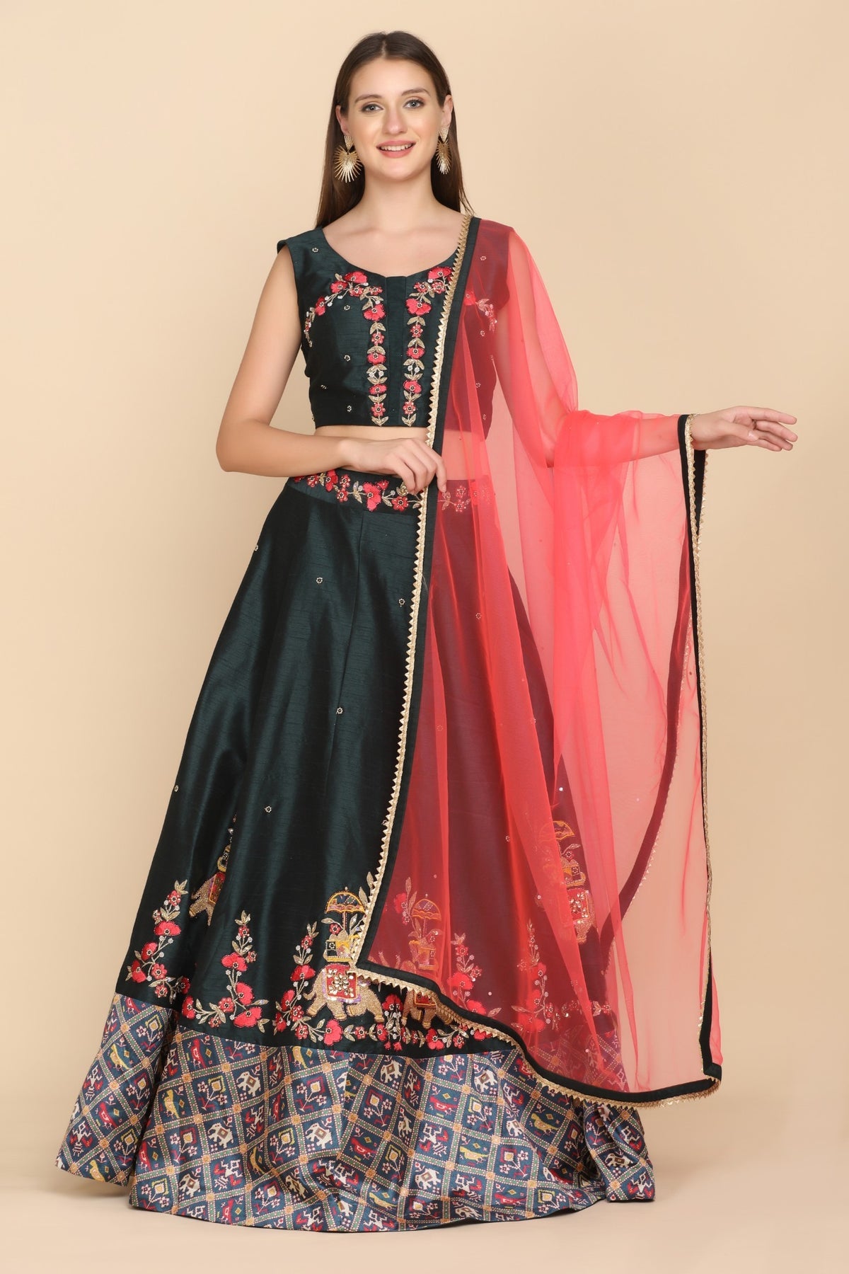 Elegant green color elephant motif embroidered lehanga