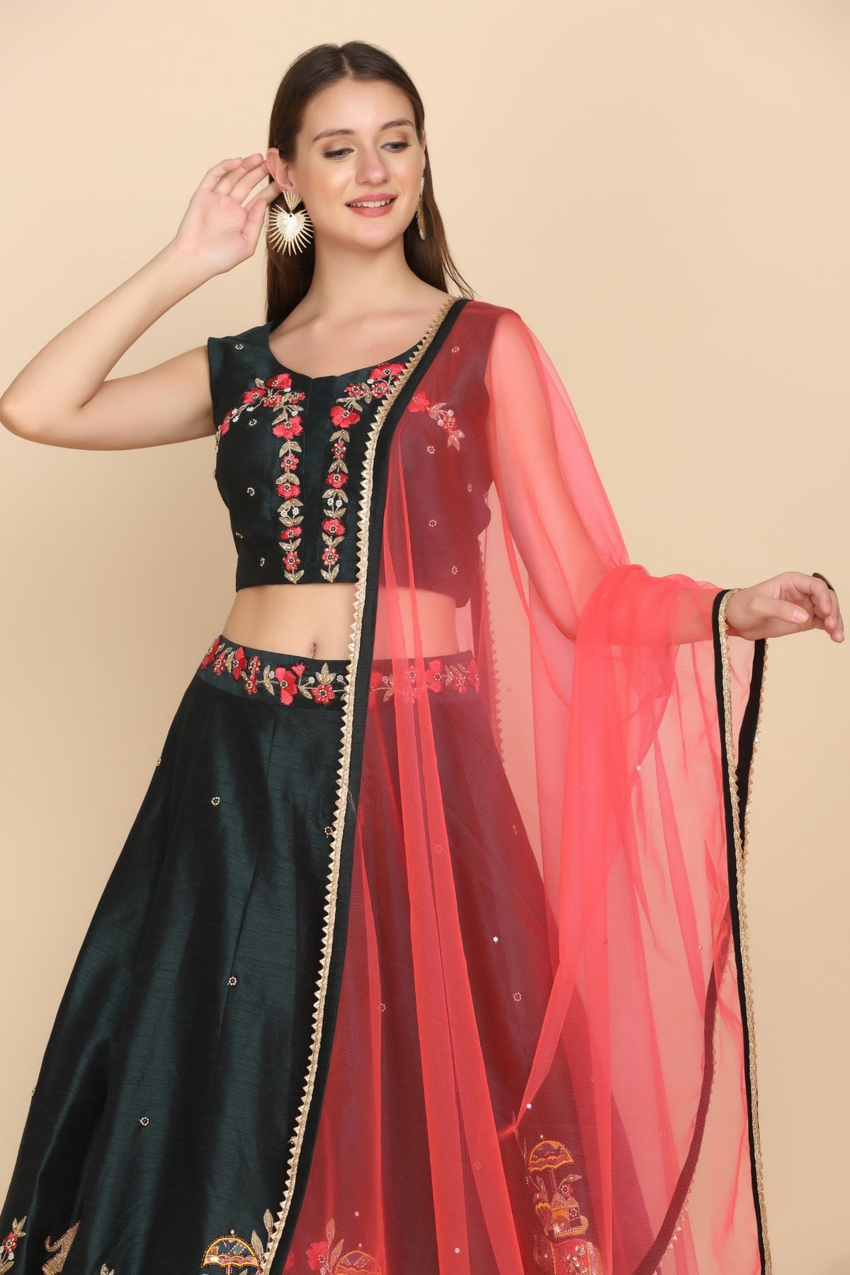 Elegant green color elephant motif embroidered lehanga