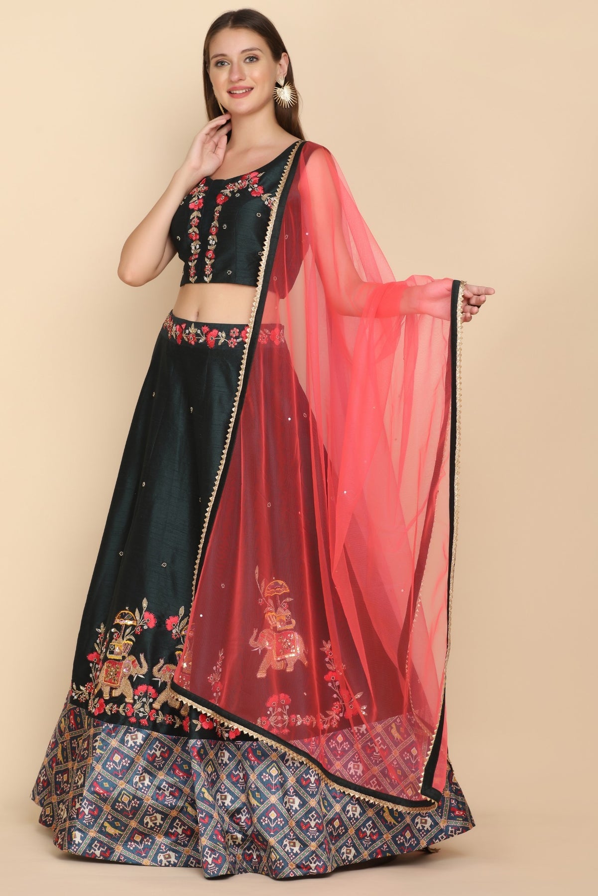 Elegant green color elephant motif embroidered lehanga