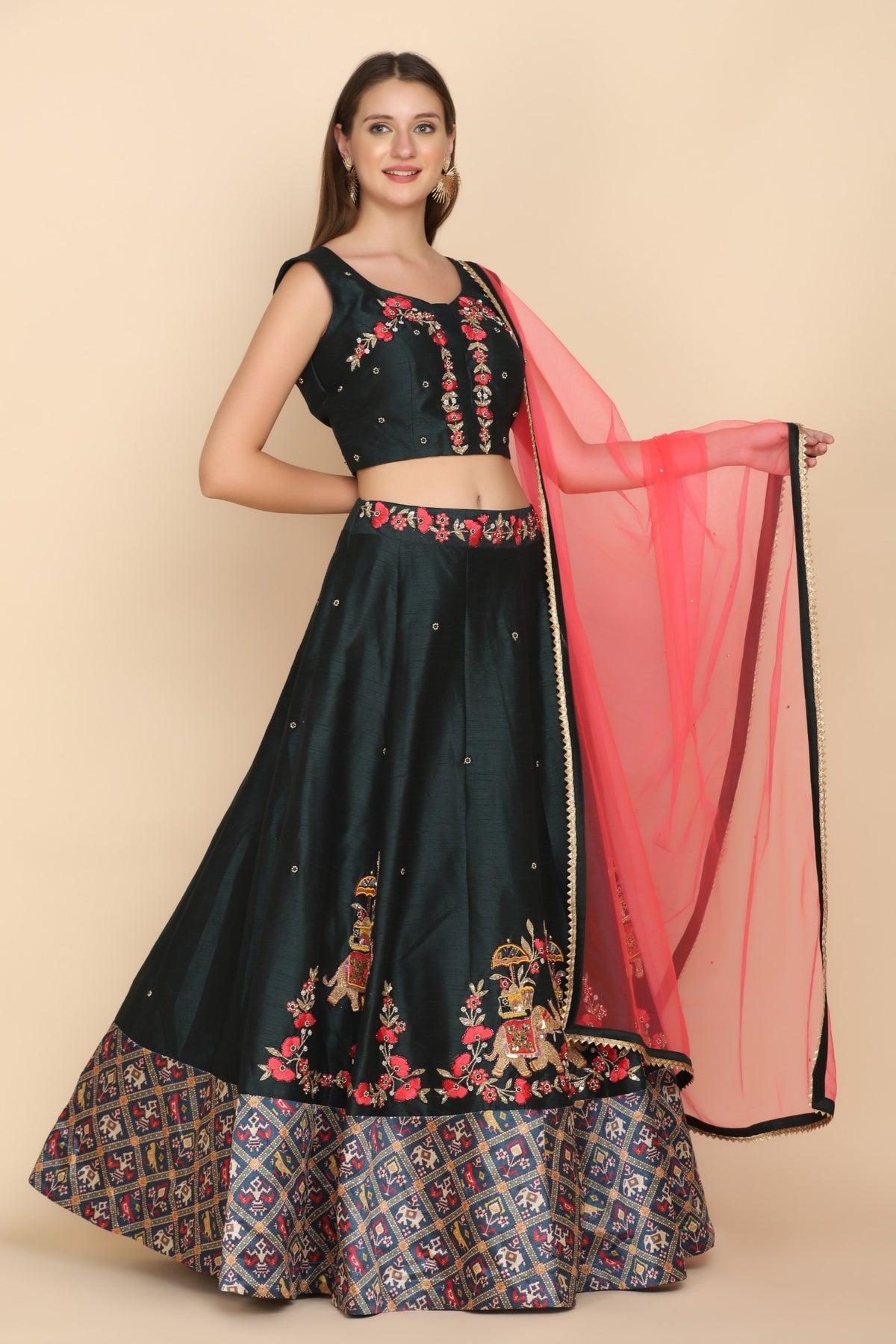 Elegant green color elephant motif embroidered lehanga