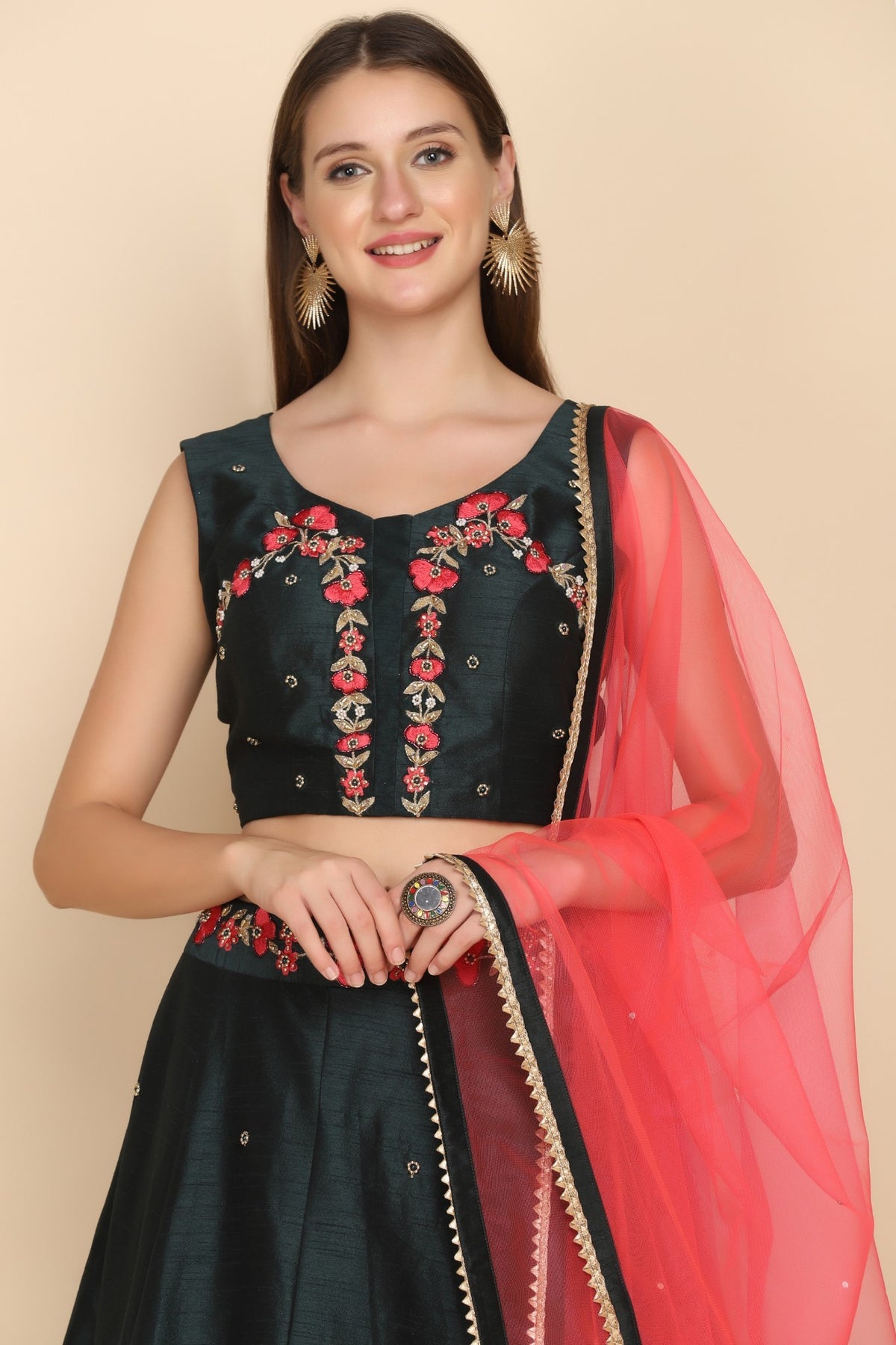 Elegant green color elephant motif embroidered lehanga