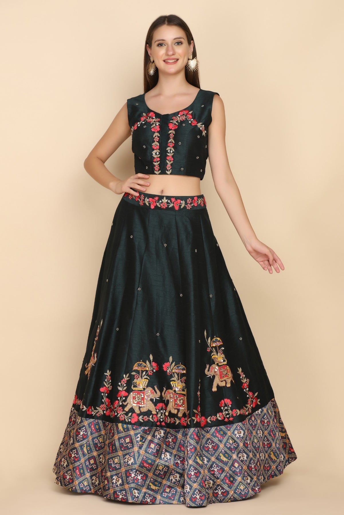 Elegant green color elephant motif embroidered lehanga