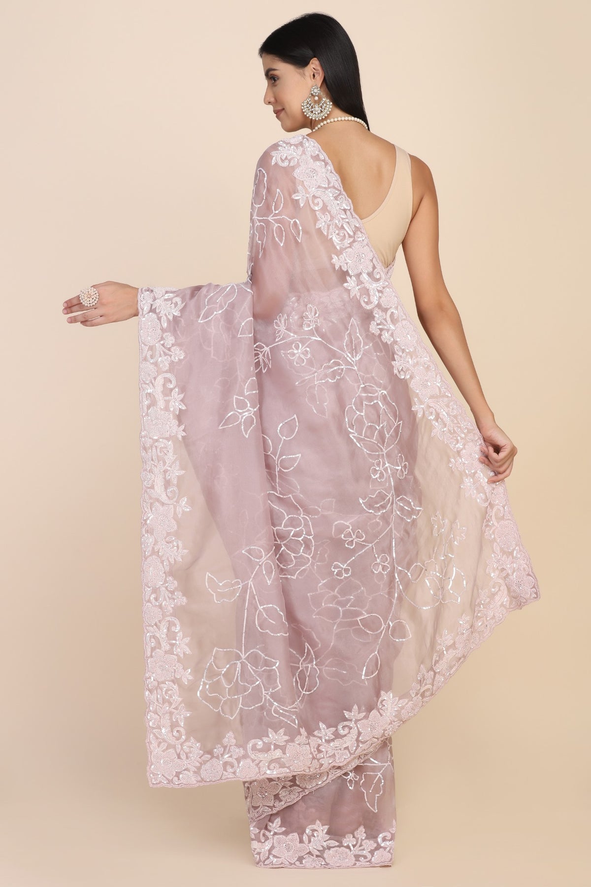 Beautiful rose pink color floral motif embroidered saree