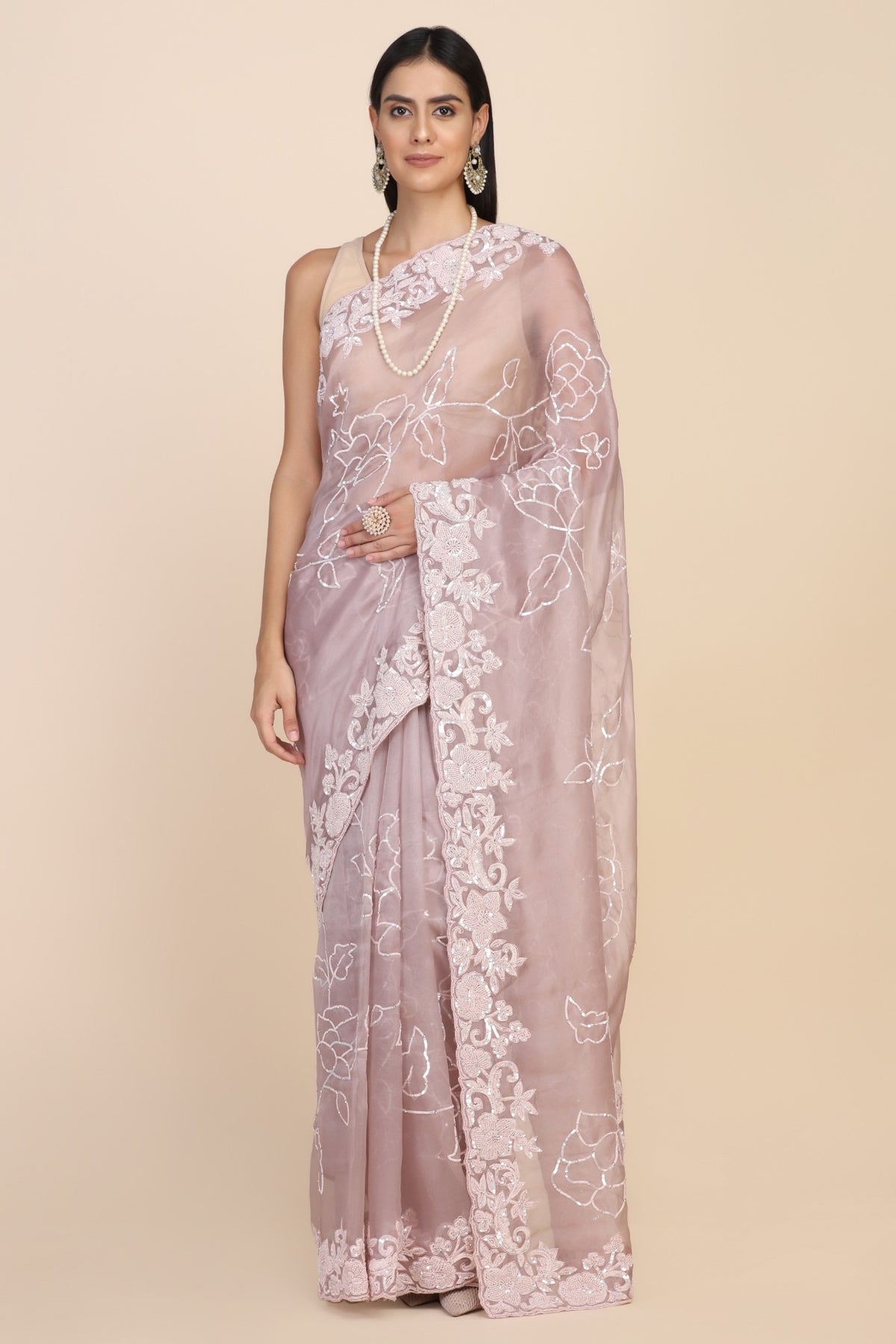 Beautiful rose pink color floral motif embroidered saree