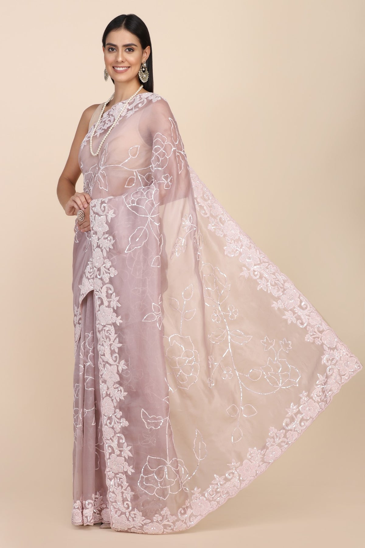 Beautiful rose pink color floral motif embroidered saree