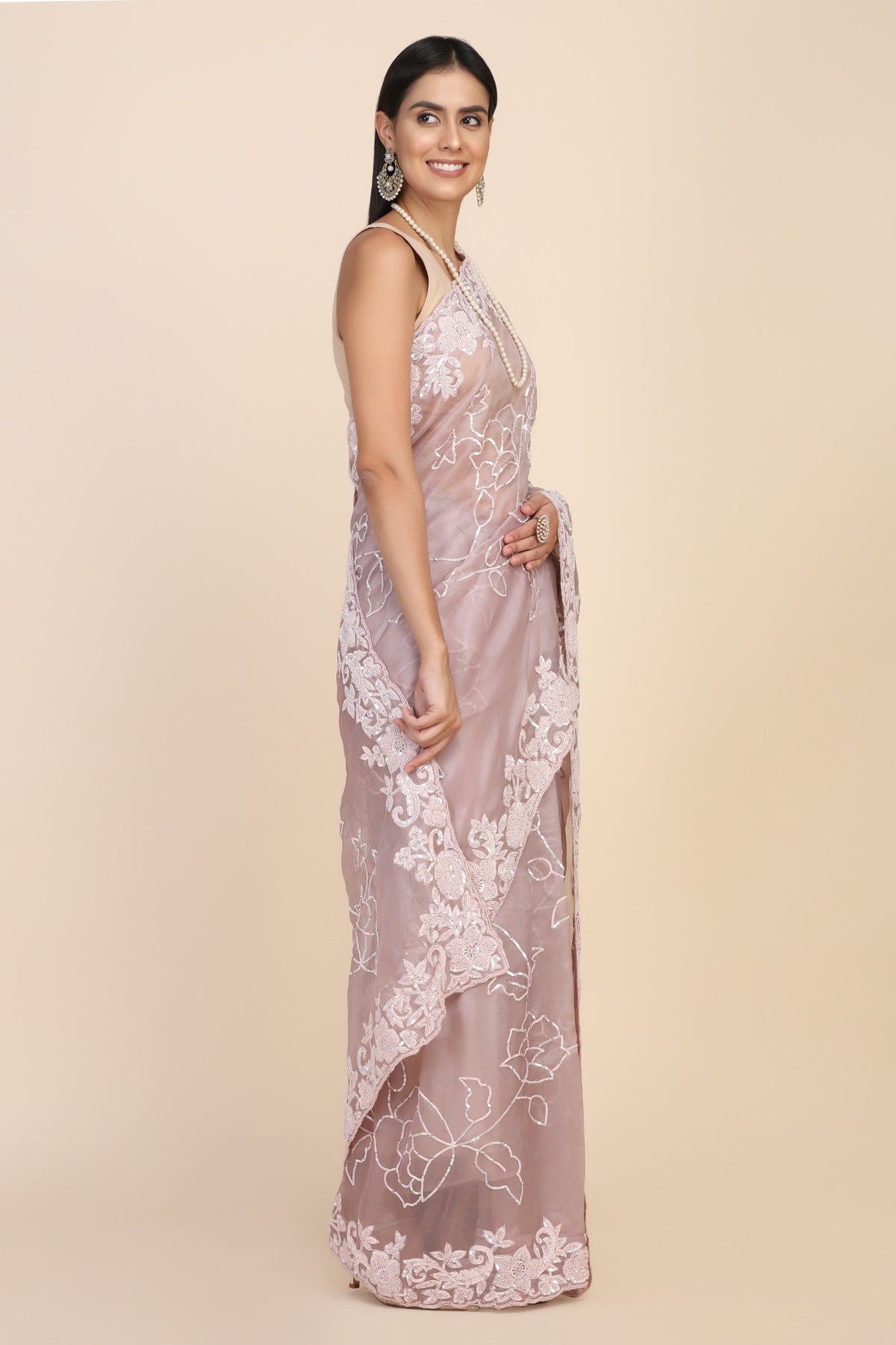 Beautiful rose pink color floral motif embroidered saree