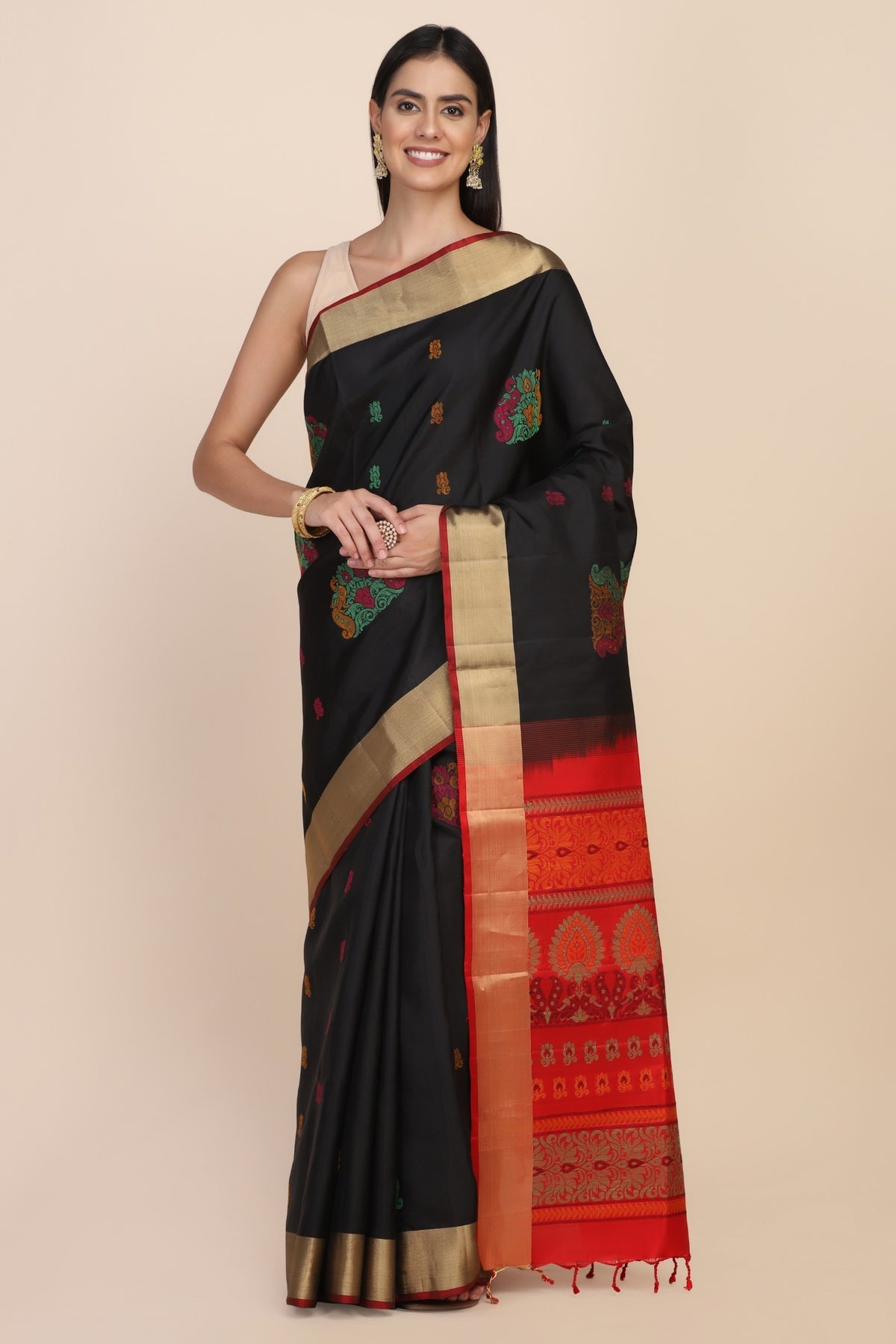 Classic black color floral motif woven saree