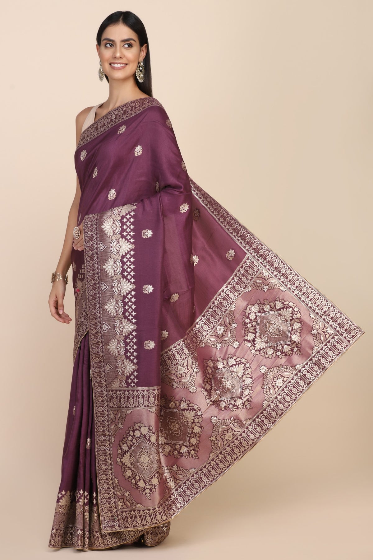 Adorable purple color floral motif woven saree