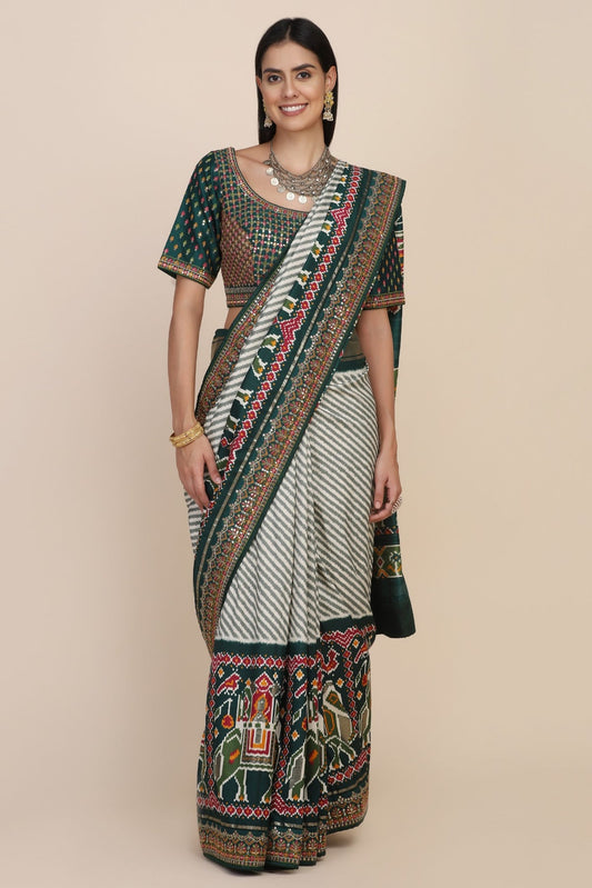 Stylish green color floral motif printed and embroidered saree