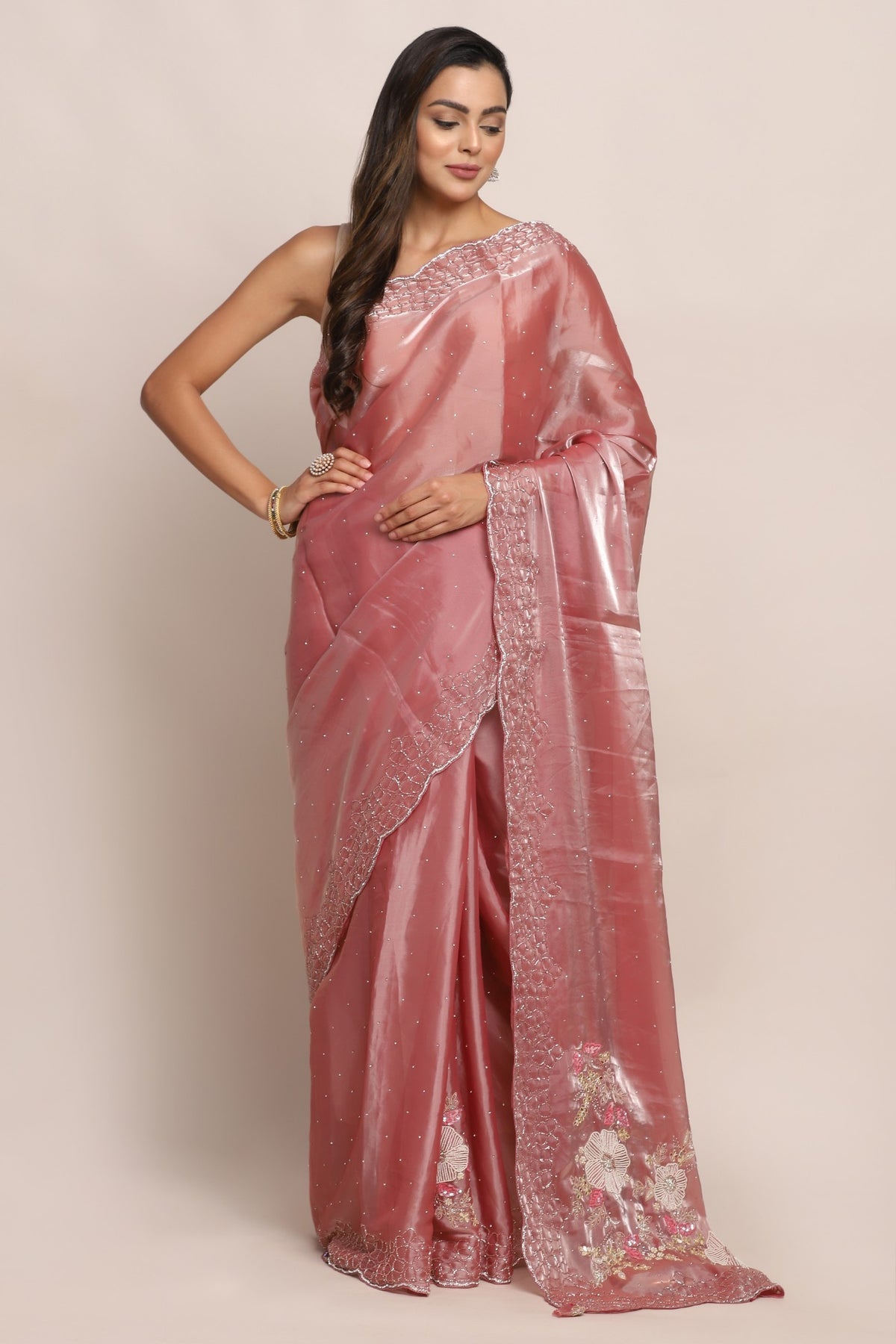 Gorgeous pink color floral motif embroidered saree