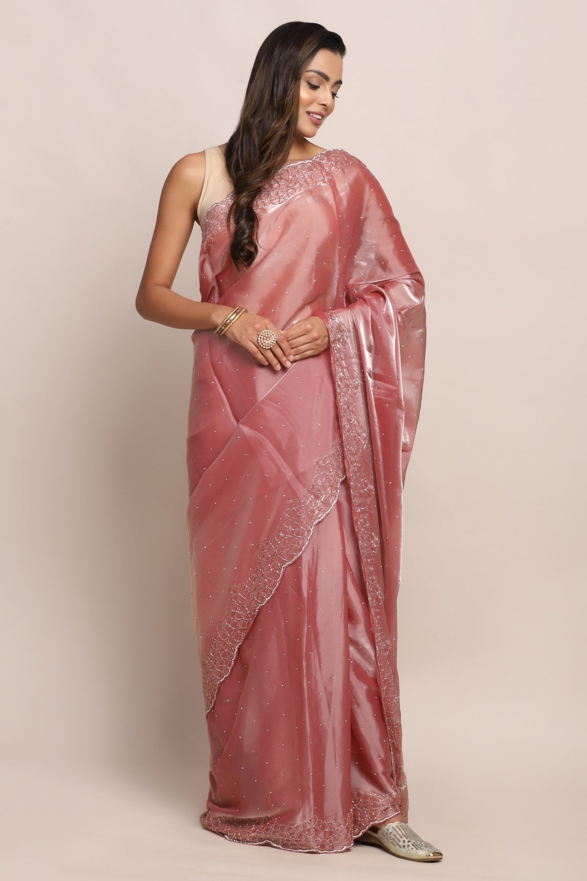 Gorgeous pink color floral motif embroidered saree