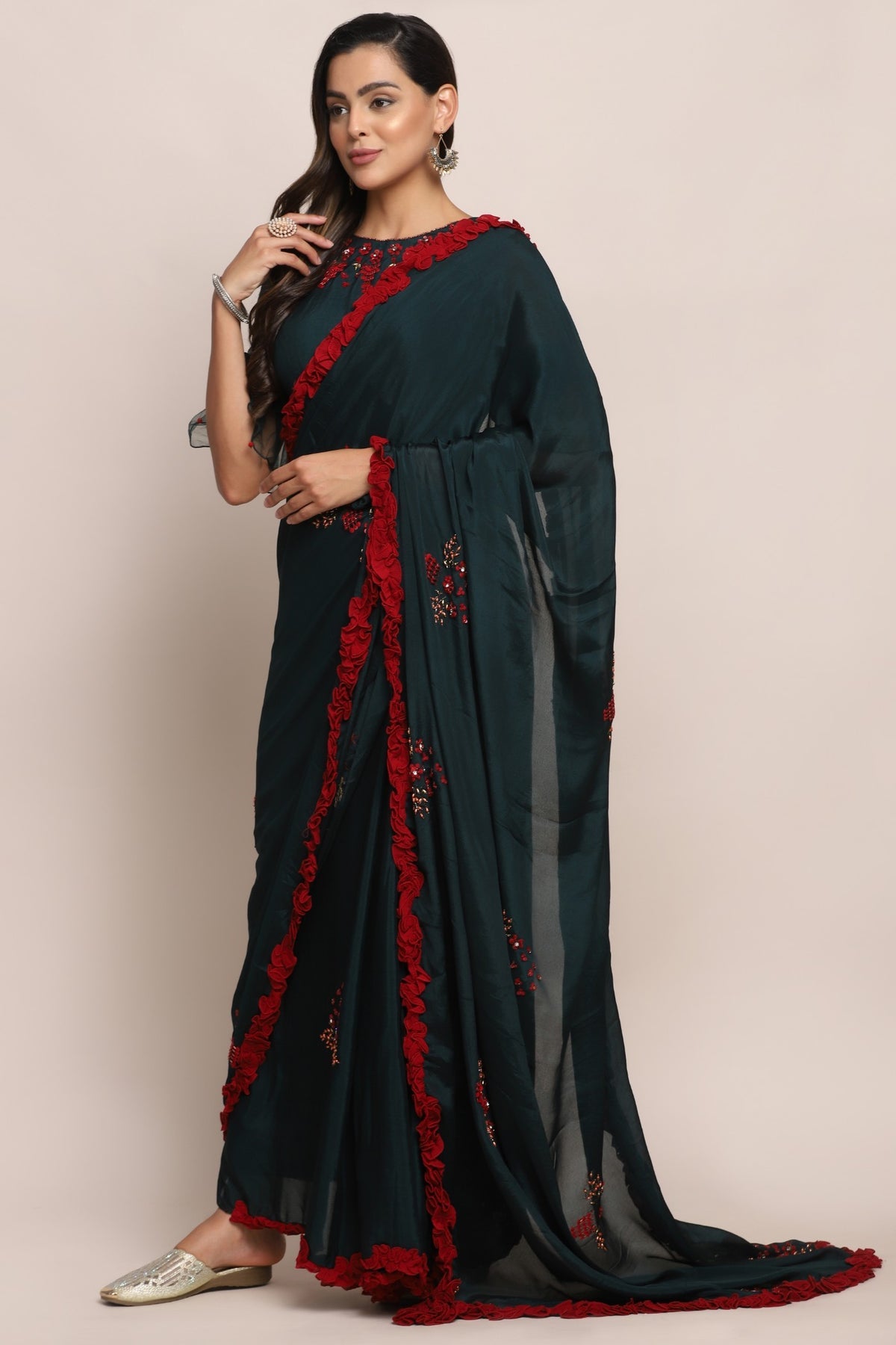 Beautiful green color floral motif embroidered saree