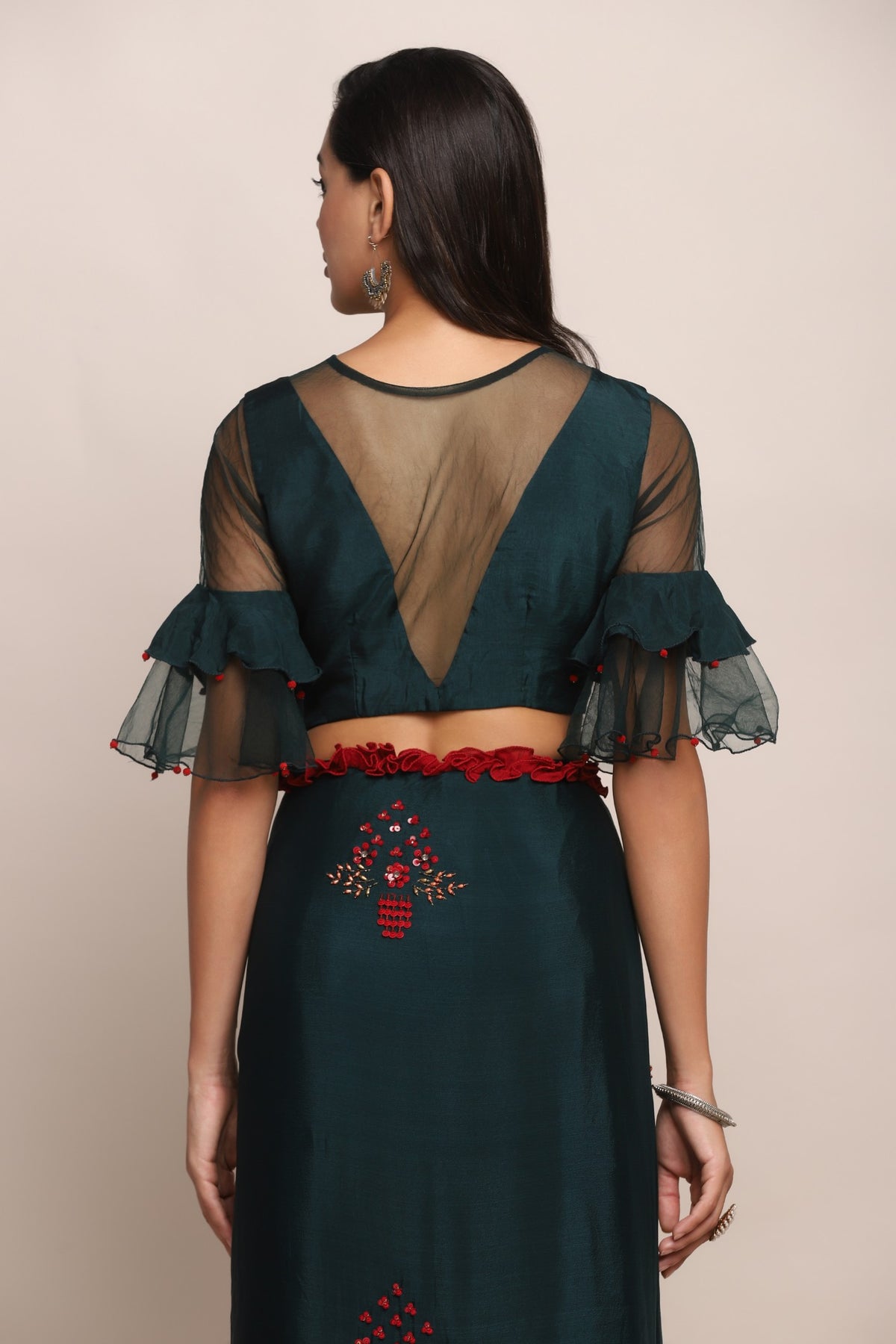 Beautiful green color floral motif embroidered saree