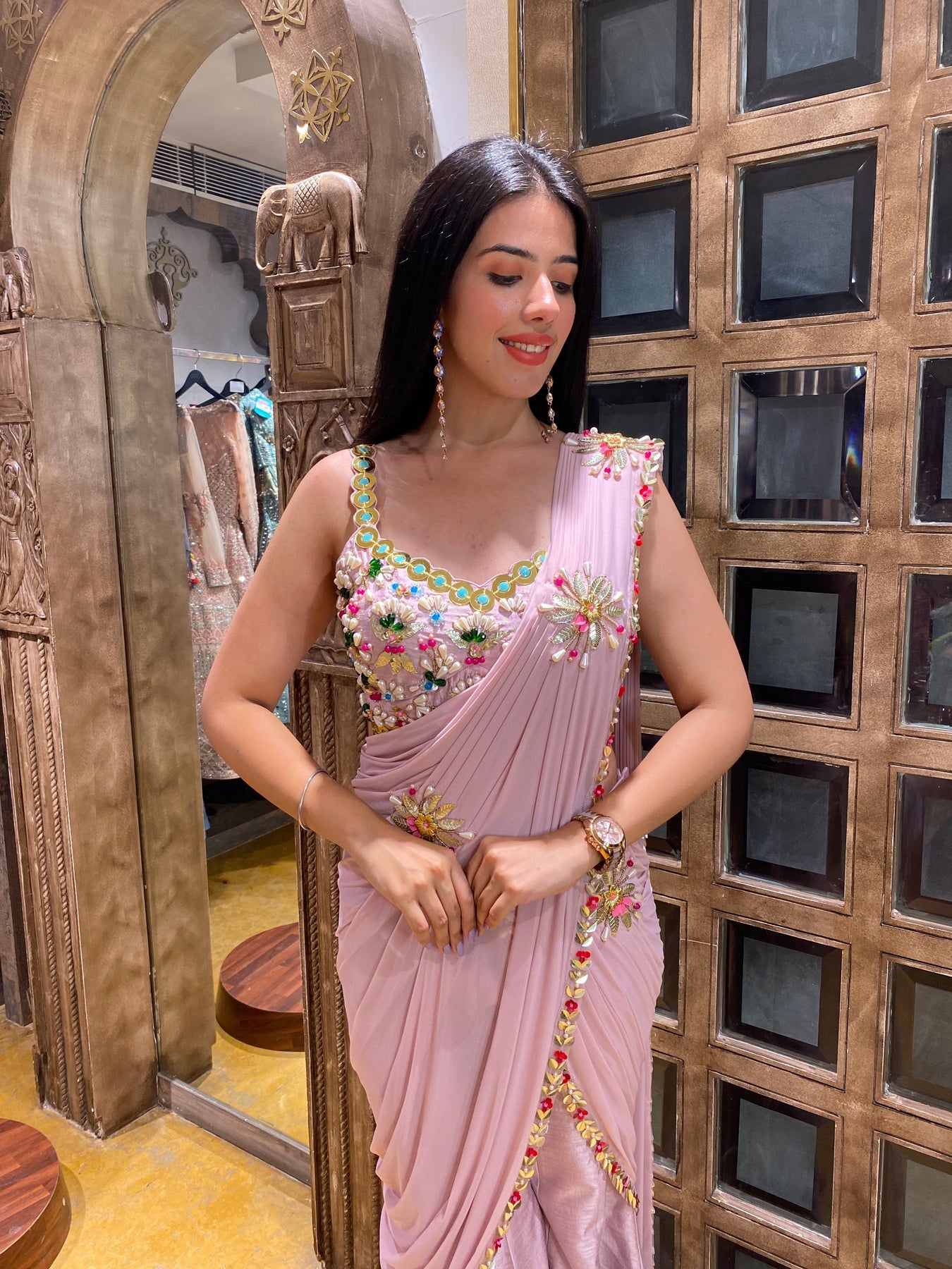 Elegant light pink color floral motif embroidered sharara cum drape saree