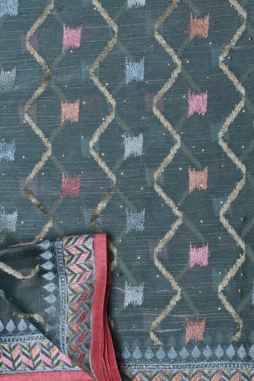 Stylish bluish grey color geometric motif woven saree