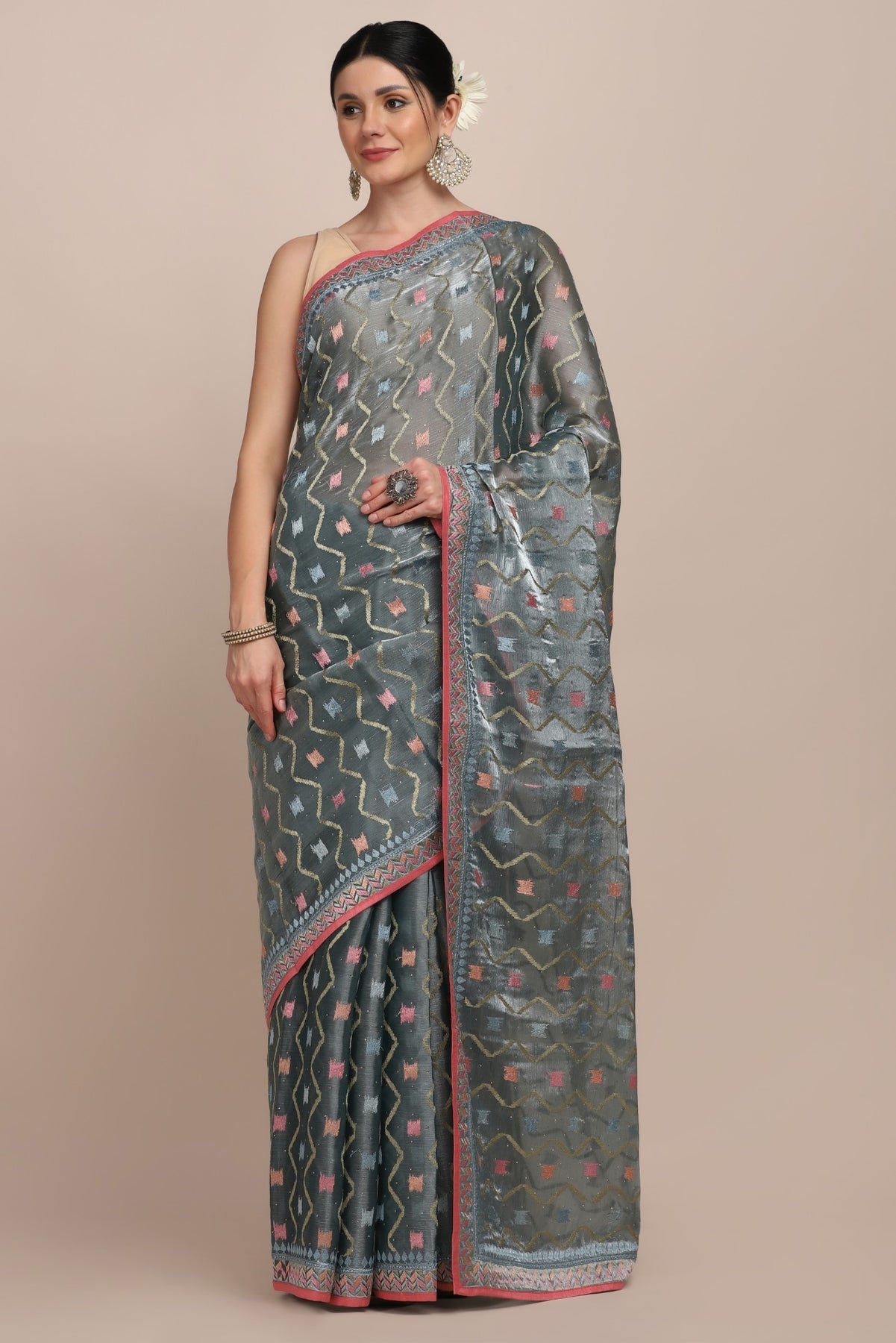 Stylish bluish grey color geometric motif woven saree