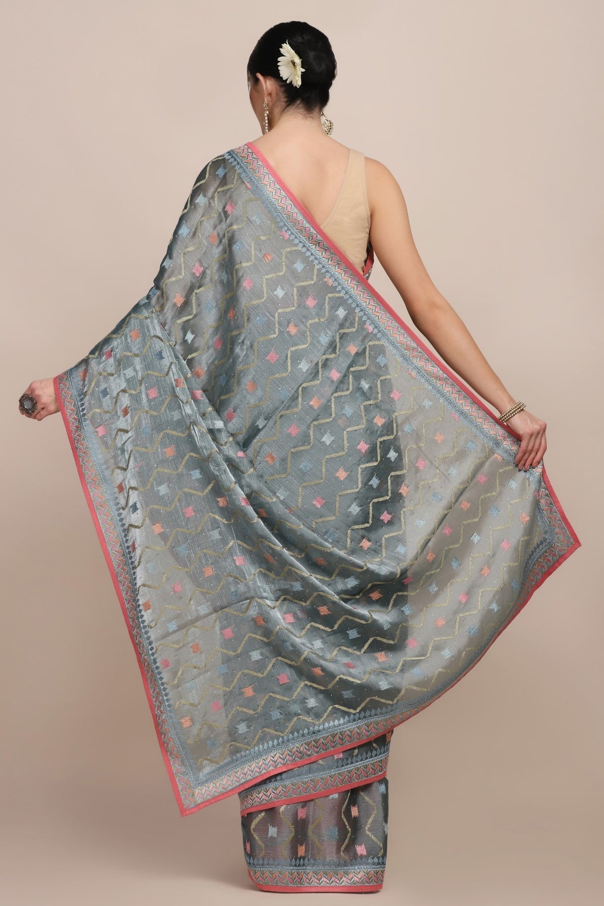 Stylish bluish grey color geometric motif woven saree