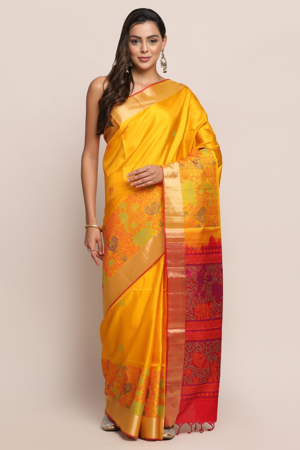 Adorable yellow color floral motif woven saree