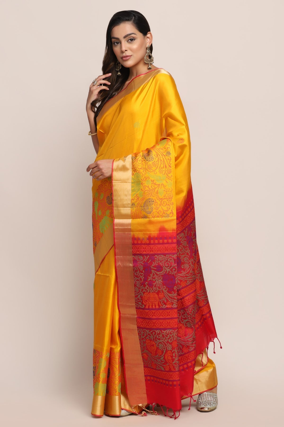 Adorable yellow color floral motif woven saree