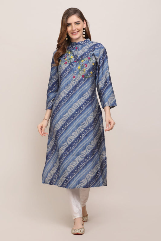 Elegant dark blue color tie and dyed bandhini embroidered kurti