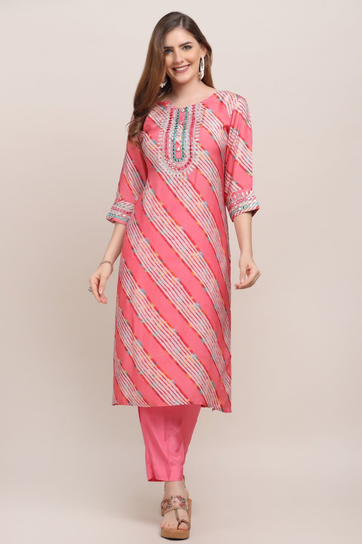 Classic Pink Color Diagonal Stripes Printed Kurti