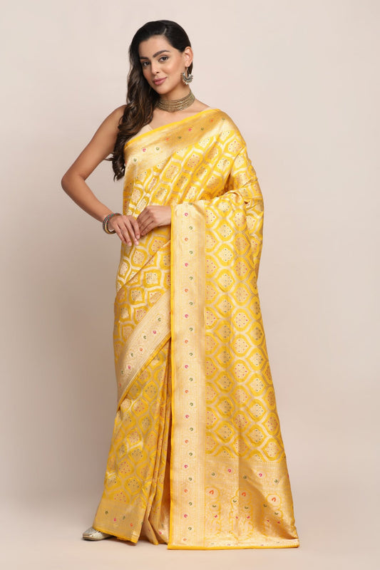 Classy yellow color floral motif handwoven saree