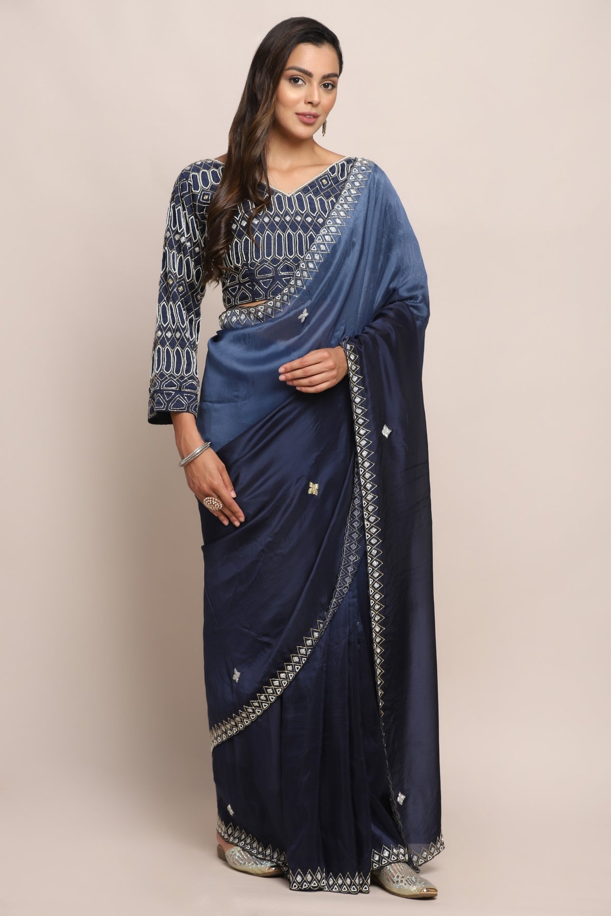 Classy royal blue shaded embroidered saree
