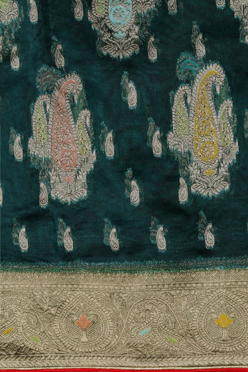 Beautiful bottle green color paisley motif woven saree