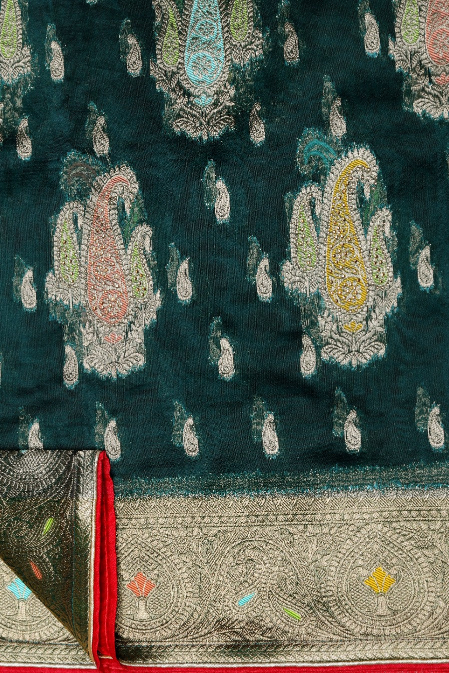 Beautiful bottle green color paisley motif woven saree