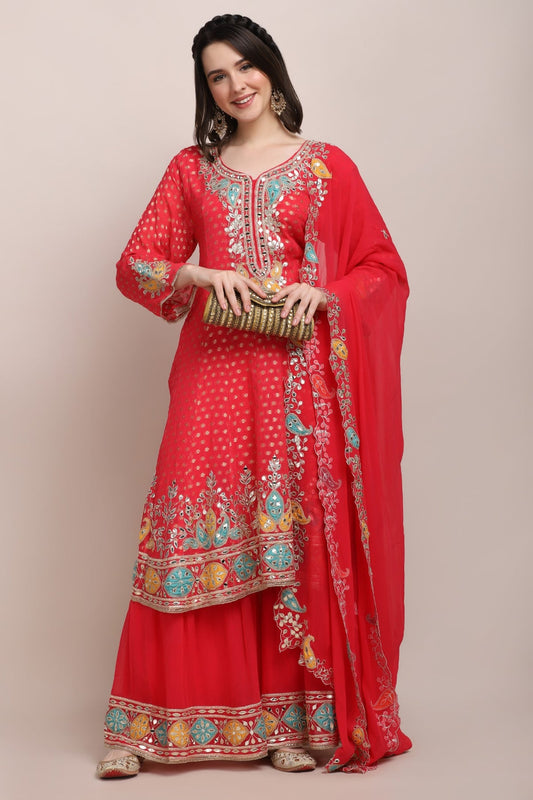 Trendy Pink Floral Motif Embroidered Kurti Set