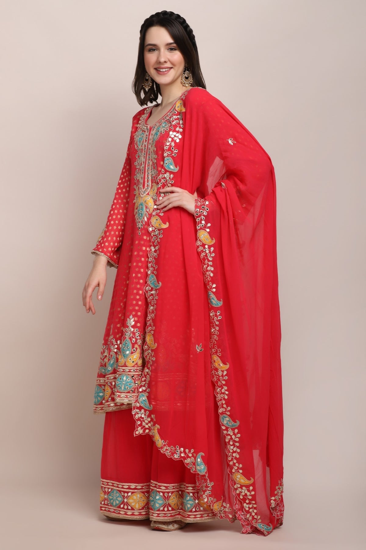 Trendy Pink Floral Motif Embroidered Kurti Set