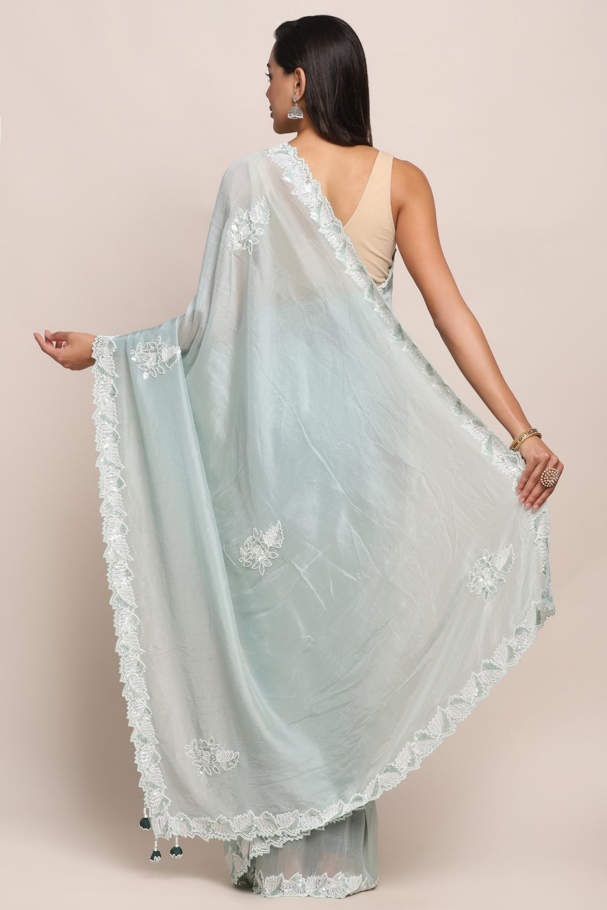 Adorable blue color floral motif embroidered saree