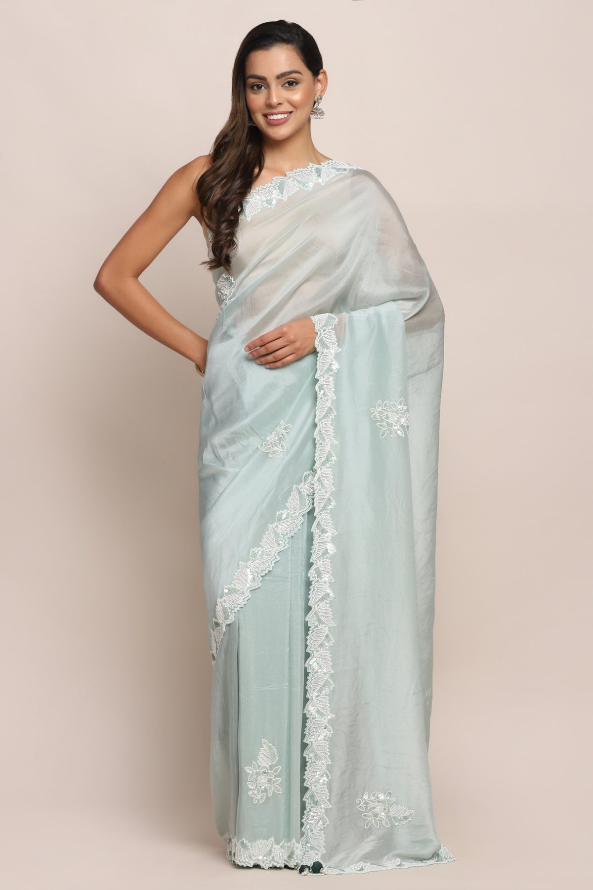 Adorable blue color floral motif embroidered saree