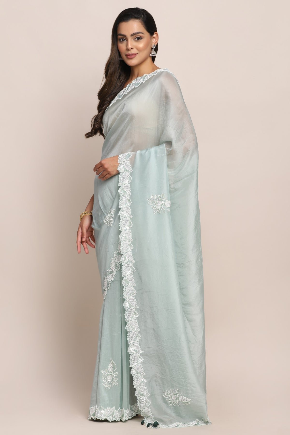 Adorable blue color floral motif embroidered saree