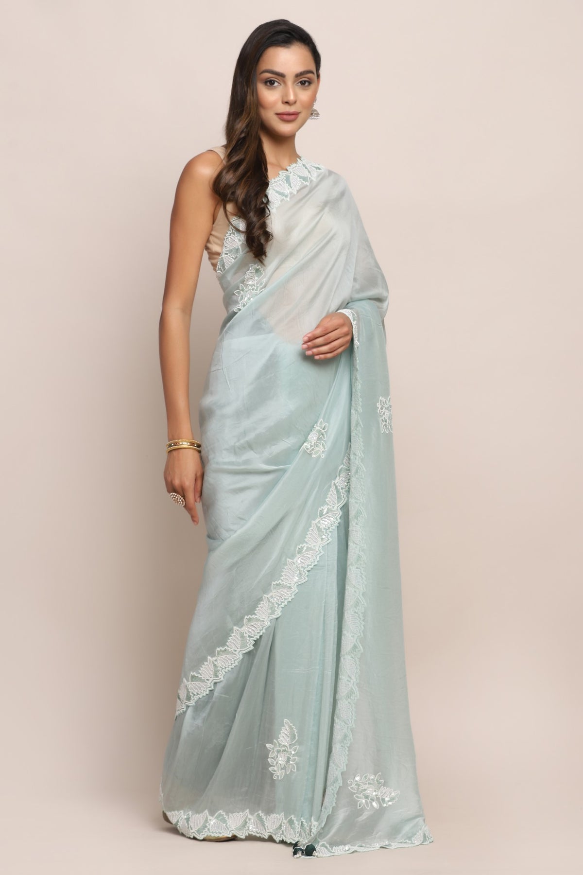 Adorable blue color floral motif embroidered saree