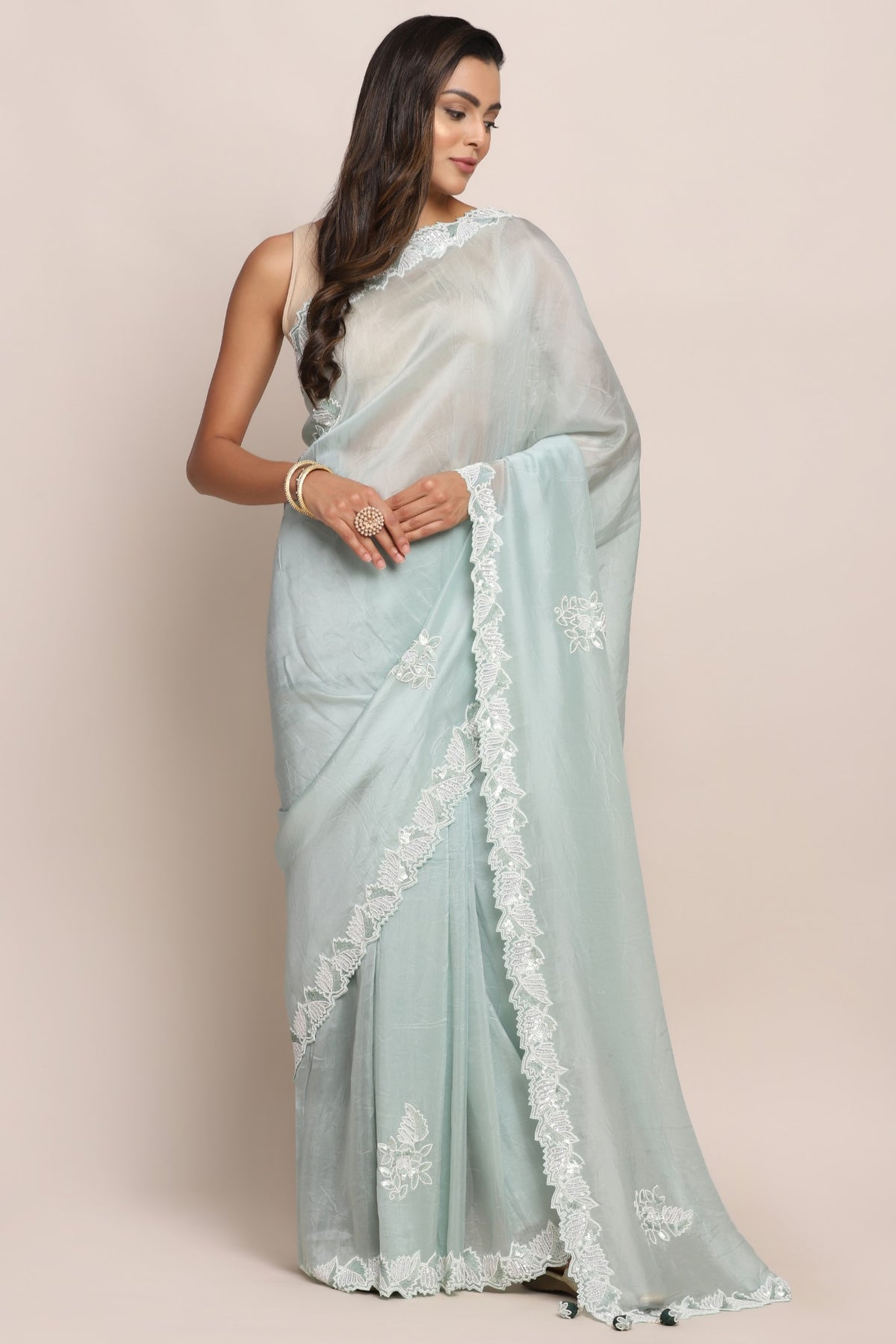 Adorable blue color floral motif embroidered saree