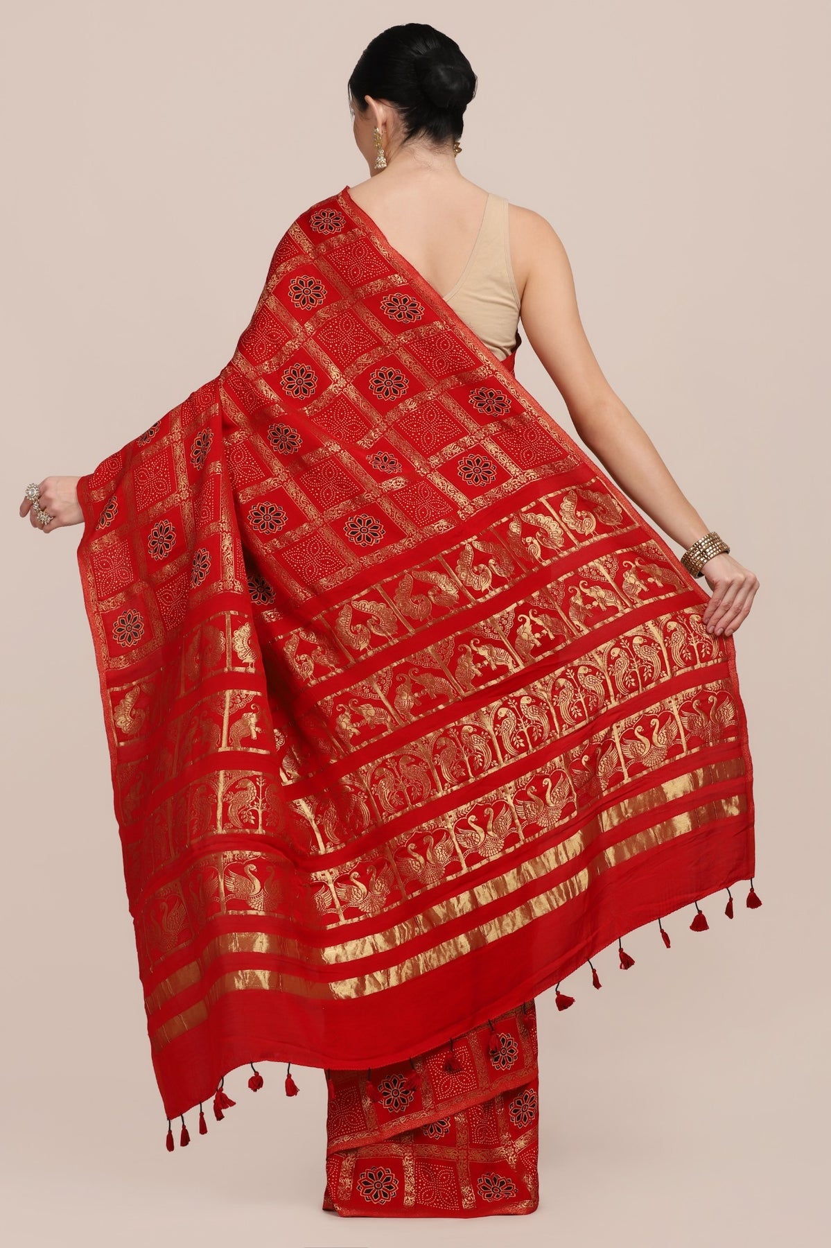 Classy red color floral motif printed saree