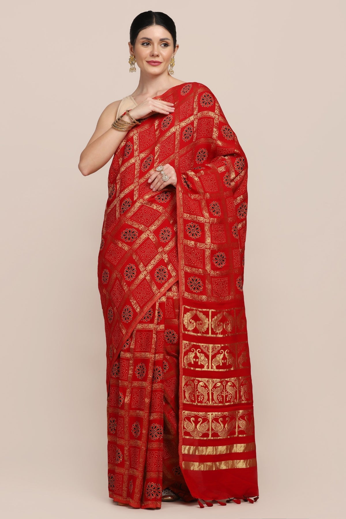 Classy red color floral motif printed saree