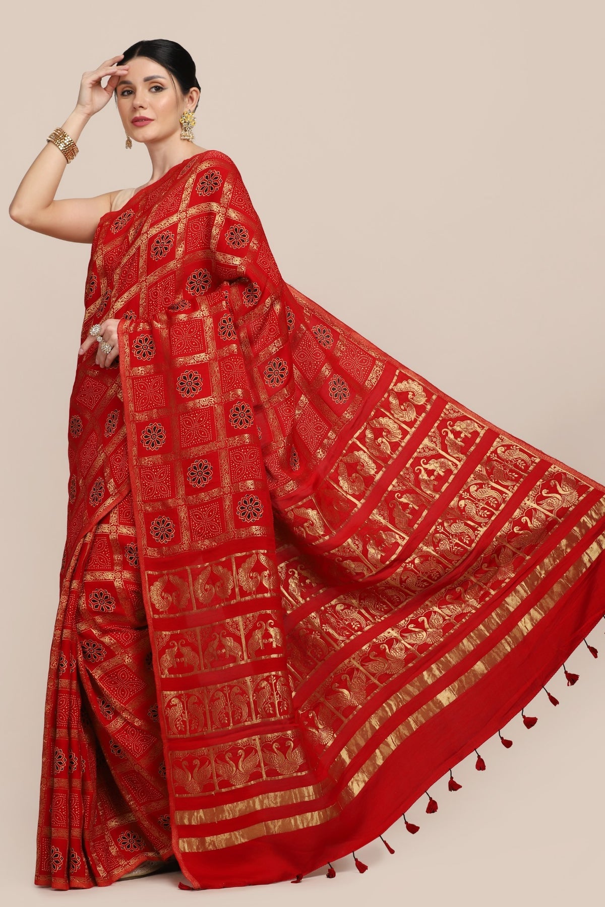 Classy red color floral motif printed saree