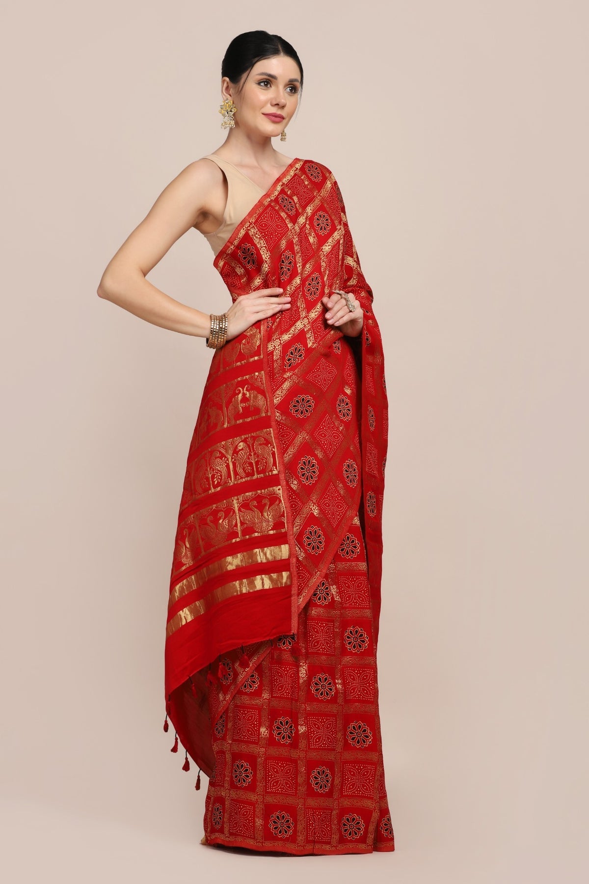 Classy red color floral motif printed saree