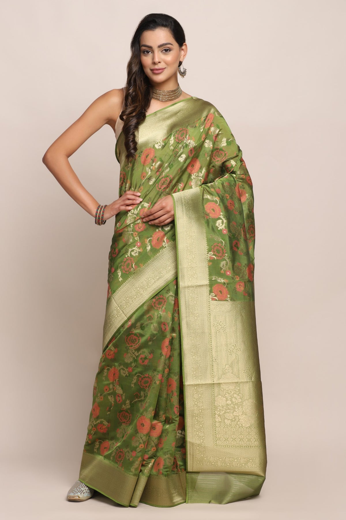 Classic green color floral motif woven saree