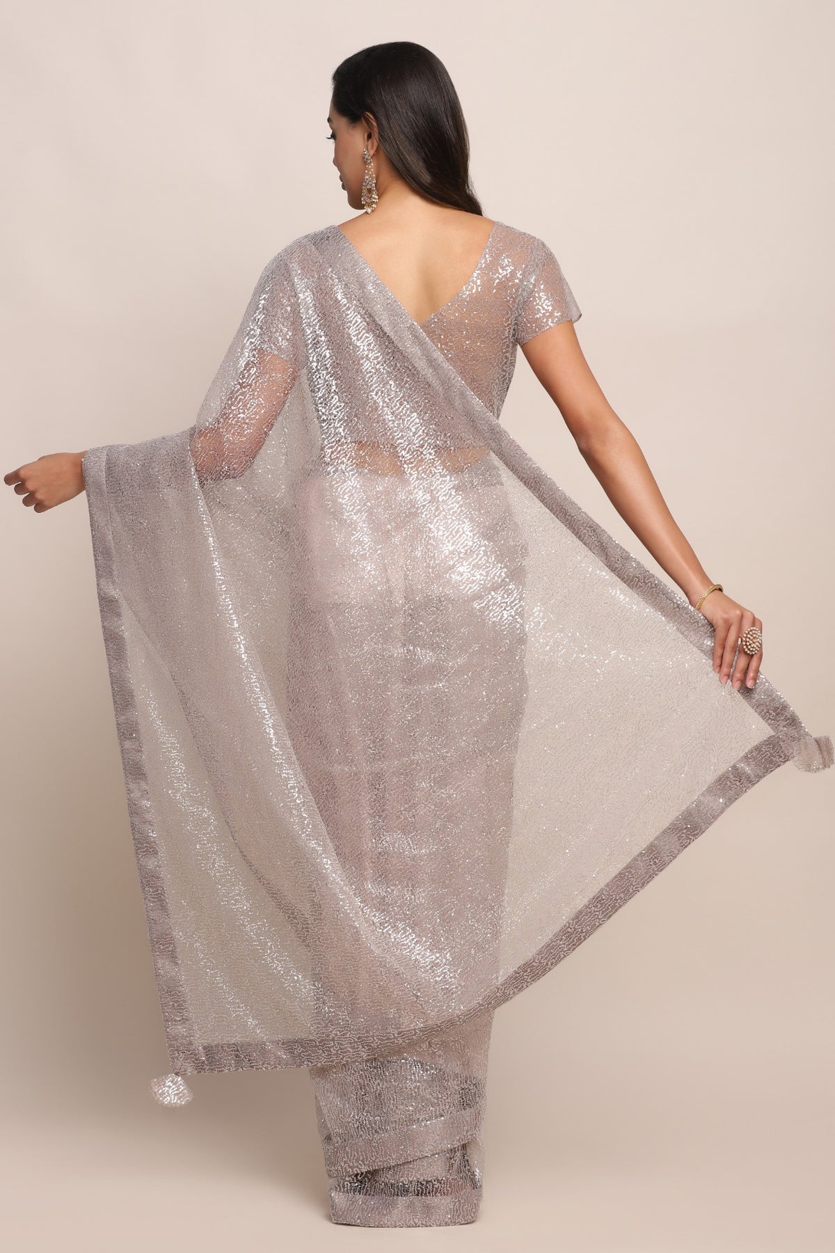 Stylish grey color floral motif embroidered saree