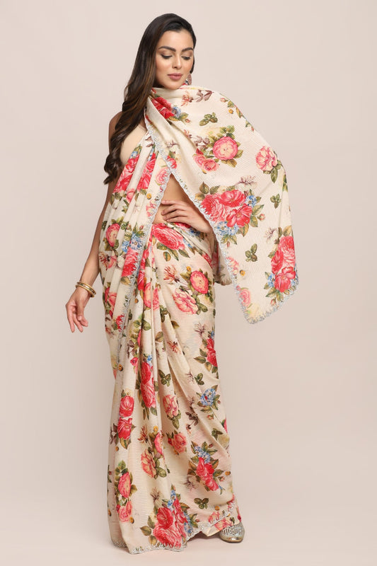 Stylish off white color floral motif embroidered saree