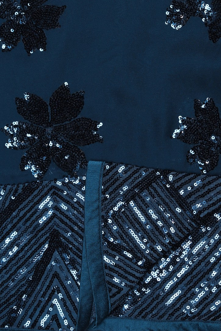 Classy Blue Color Floral Motif Embroidered Saree