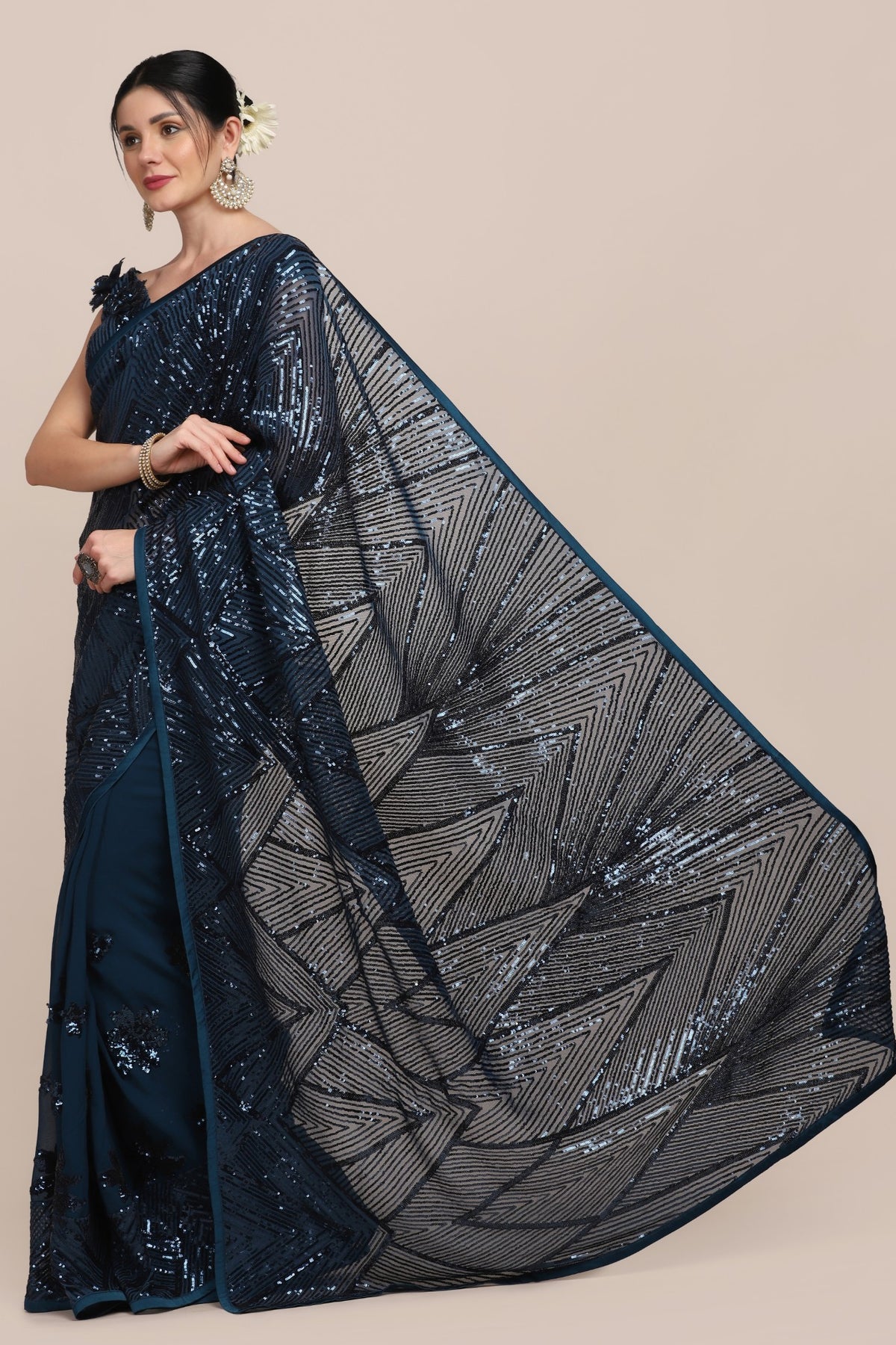 Classy Blue Color Floral Motif Embroidered Saree