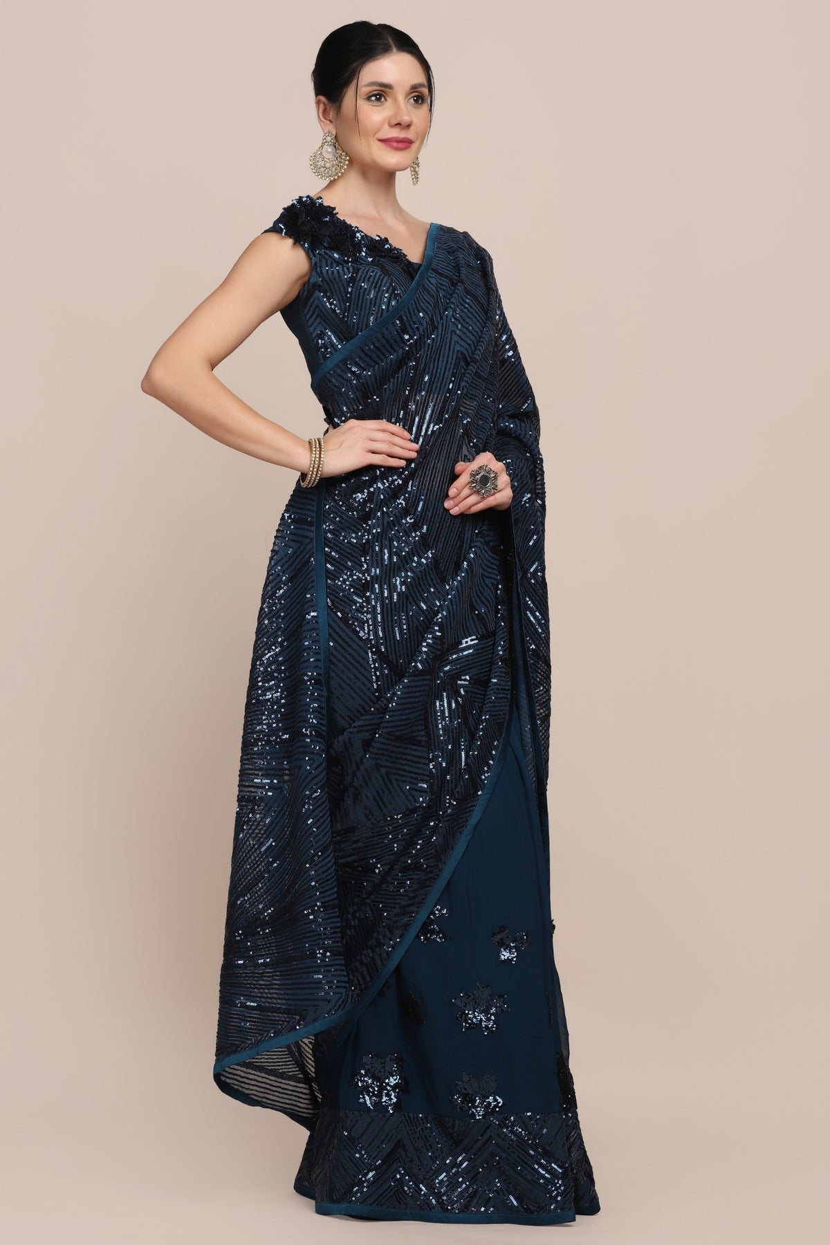 Classy Blue Color Floral Motif Embroidered Saree
