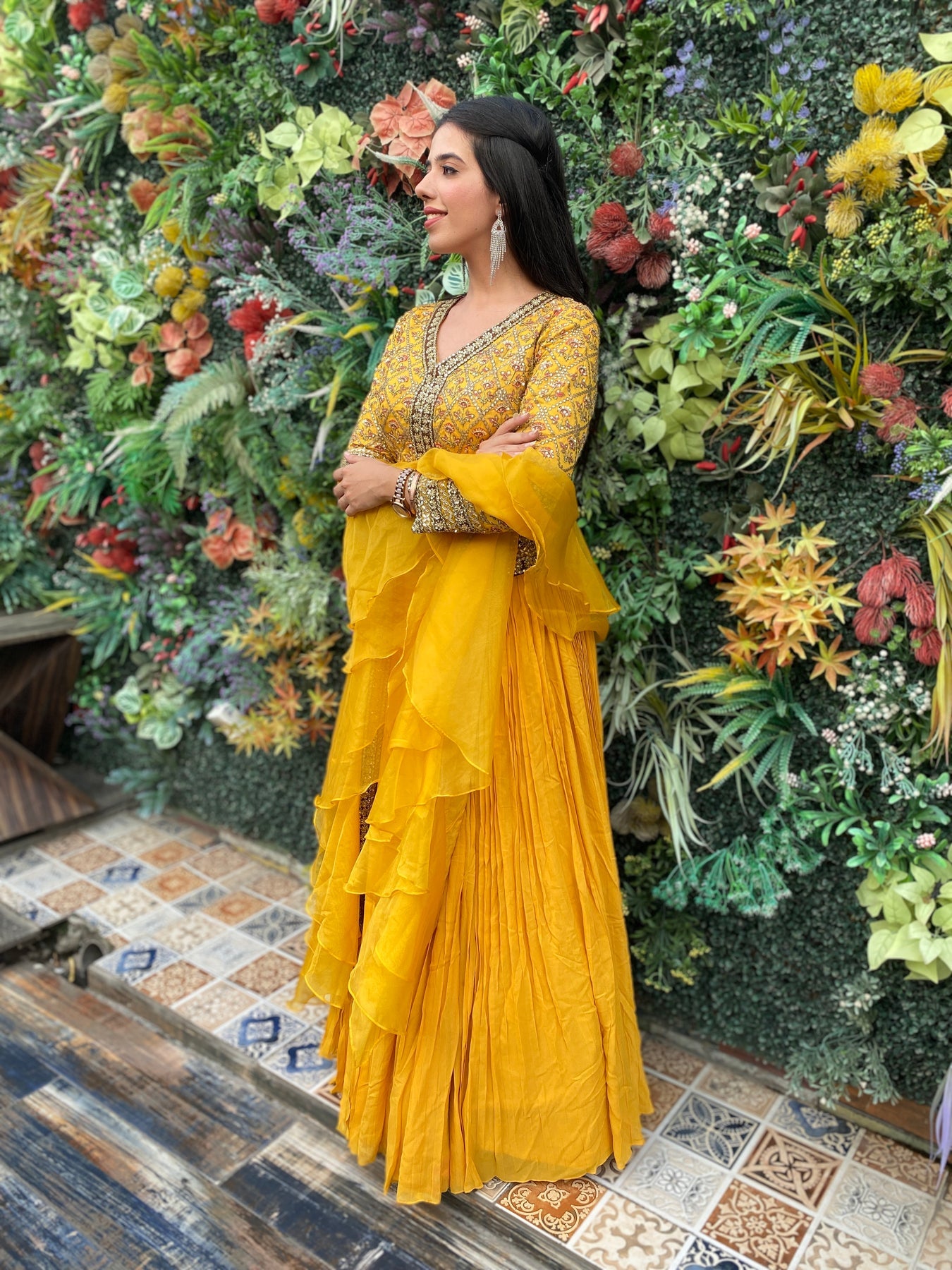 Gorgeous yellow color floral motif embroidered lehanga