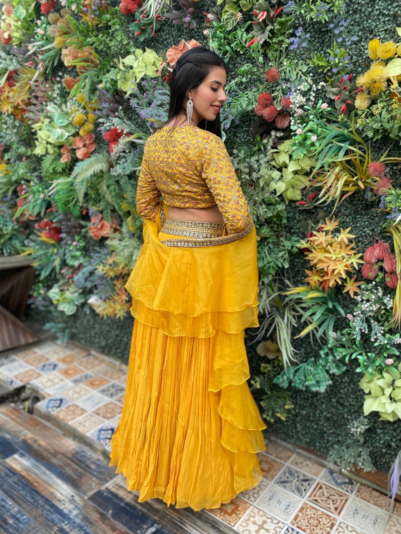 Gorgeous yellow color floral motif embroidered lehanga